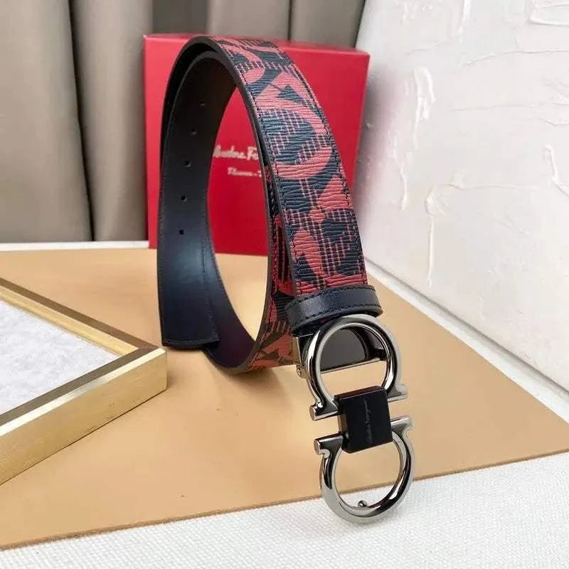 Salvatore Ferragamo Adjustable & Reversible Logo All Over Men Belt 'Red/Black' - Maven Couture Inc