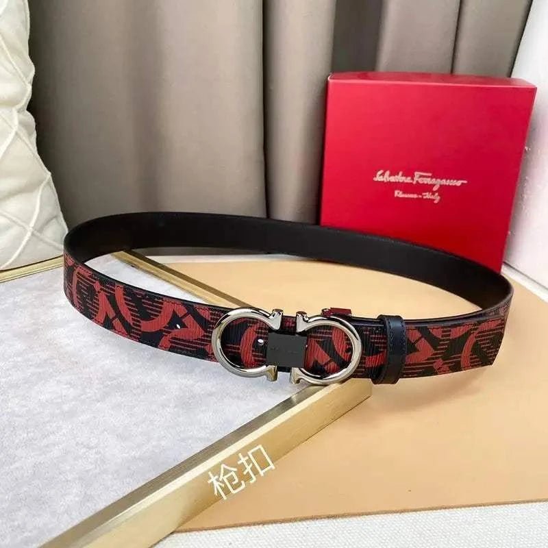 Salvatore Ferragamo Adjustable & Reversible Logo All Over Men Belt 'Red/Black' - Maven Couture Inc