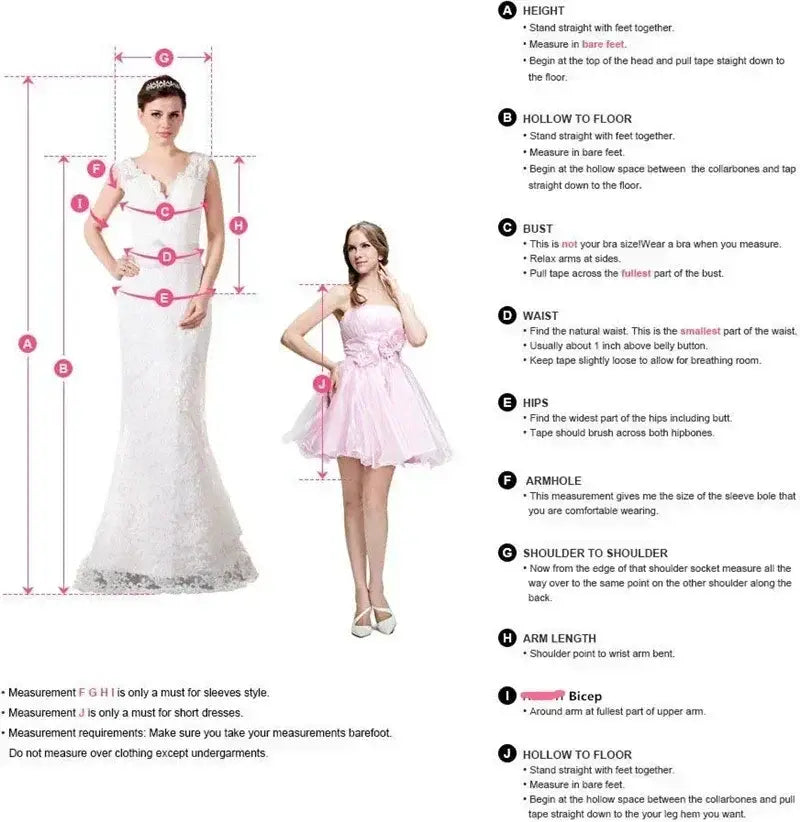 SEE-THROUGH WEDDING DRESS measurement guide showing two models in white lace and pink bridesmaid dresses with labeled size points
