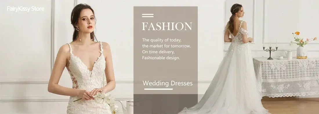 See-Through Wedding Dress in white lace with floral appliques, plunging neckline, spaghetti straps, and dramatic low back with train