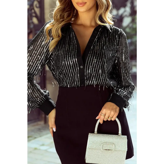 Dazzling designer sequin collared neck long sleeve shirt for luxury fashion $54.99 exquisite tassel embellishments