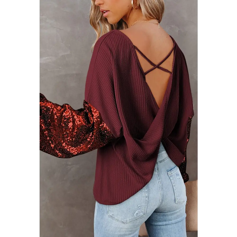 Exquisite backless sequin waffle-knit top in luxury fashion for women $35.54 dazzling sequin embellishments, alluring