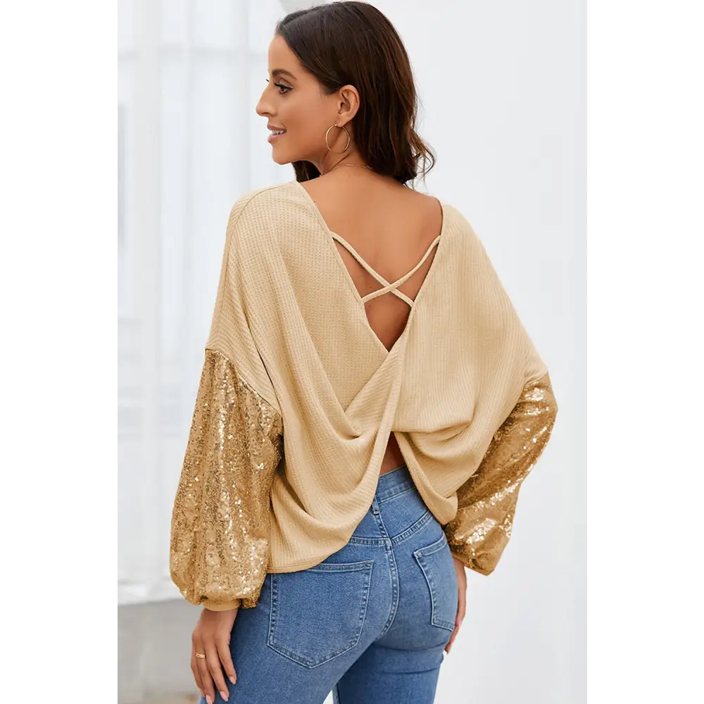 Exquisite backless sequin waffle-knit top in luxury fashion for women $35.54 dazzling sequin embellishments, alluring