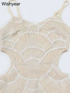 Sequin Hollow Out beige sleeveless spaghetti strap cami dress with mermaid silhouette and glittering sequin pattern