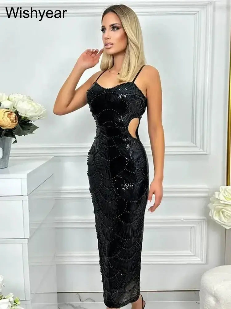 Sequin Hollow Out black sequin spaghetti strap backless mermaid long dress with side cutouts and slim fit