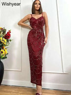 Sequin Hollow Out burgundy spaghetti strap mermaid long dress with beaded pattern and slim fit for women
