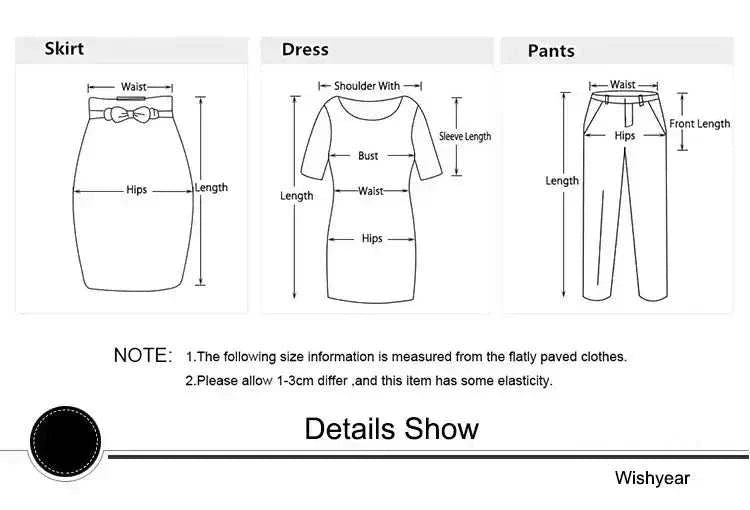 Size chart diagram showing waist, hips, length measurements for skirt, dress with shoulder width and sleeve length, and pants with front length