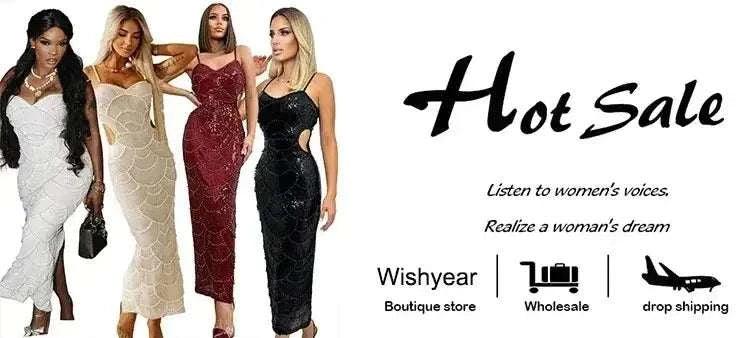 Sequin Hollow Out long dresses in white, beige, red, and black with spaghetti straps and mermaid silhouette