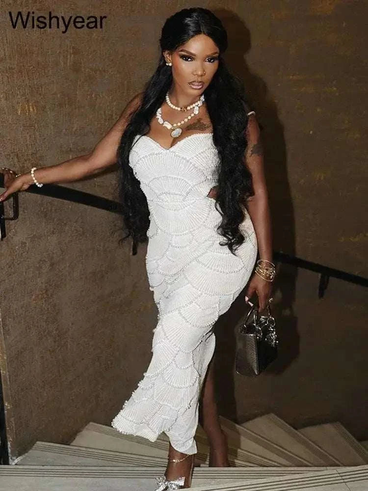 Sequin Hollow Out white sleeveless mermaid long dress with spaghetti straps and scalloped pattern, slim fit and backless design