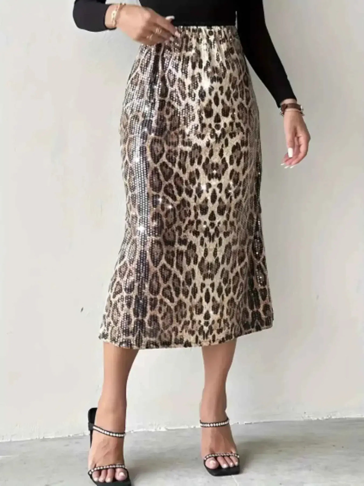 Sequin Leopard Midi Skirt with brown and beige leopard print and shiny sequin detailing, mid-length fit
