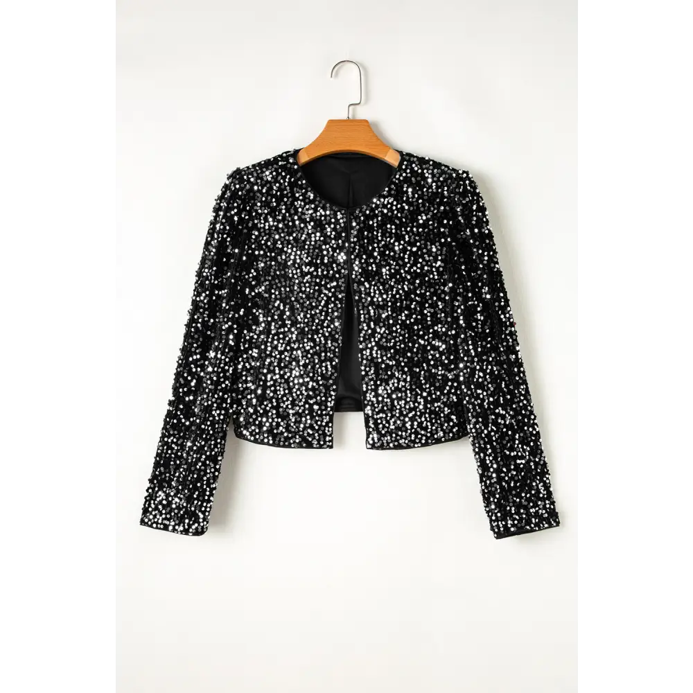 Sequin open front long sleeve jacket for luxury fashion and elegance $44.99 drenched in radiant sequins that catch