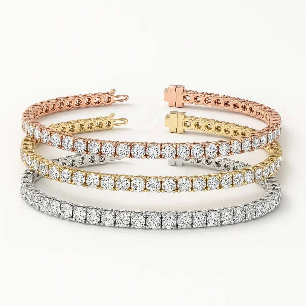 Set of Three 6ctw Created Moissanite Tennis Bracelets – 3mm Stones – 14K Gold Overlay in White, Yellow & Rose Gold - Maven Couture IncBracelets