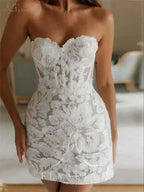 Sexy Glitter Lace Mini Wedding Dress in white cotton knit with floral lace, beadings, and glitter featuring a sweetheart neckline and sleeveless design
