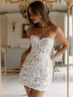 Sexy Glitter Lace Mini Wedding Dress in white cotton knit with floral lace, glitter, and beadings featuring sweetheart neckline and lace-up back
