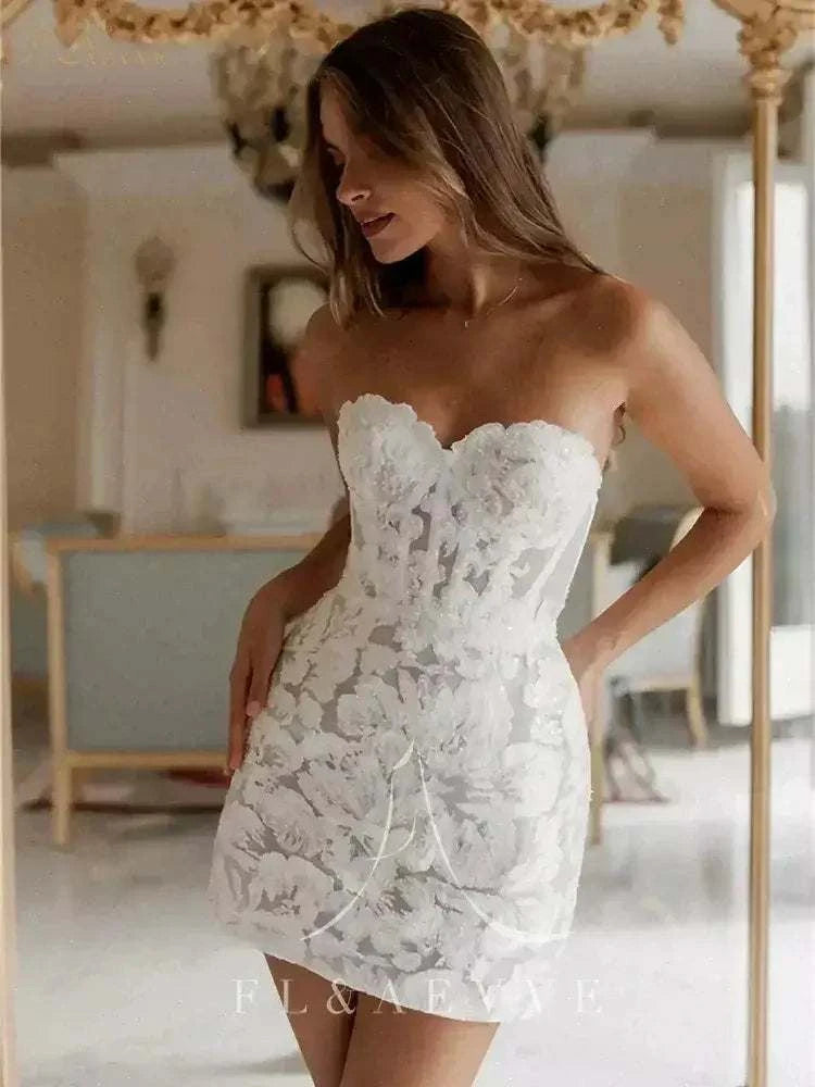 Sexy Glitter Lace Mini Wedding Dress in white cotton knit with floral lace, glitter, and beadings featuring sweetheart neckline and lace-up back