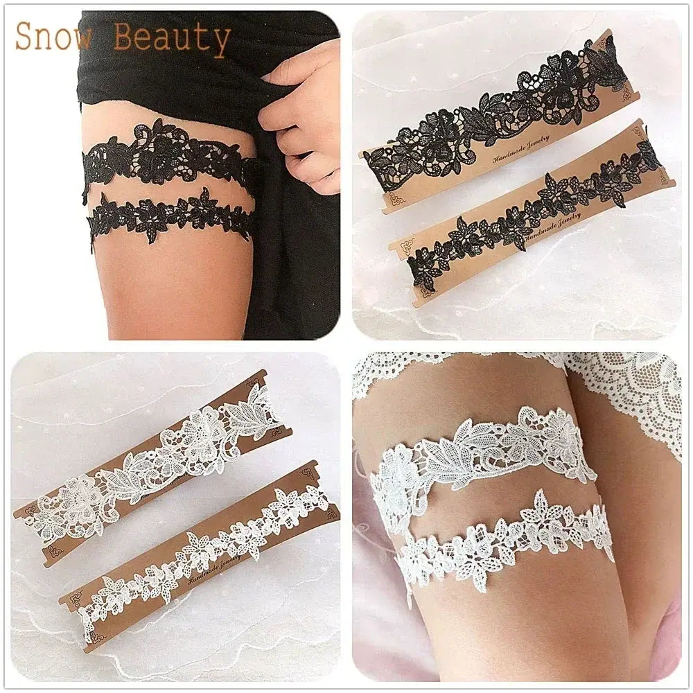 Two pairs of Sexy Lace Flower garter belts in black and white lace with floral patterns worn on thighs