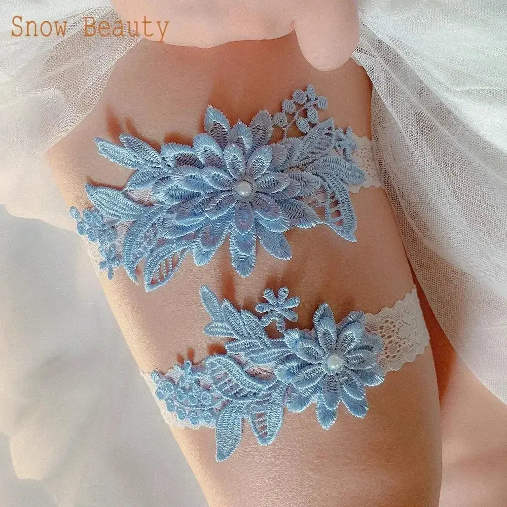 Sexy Lace Flower blue lace floral garter belt with pearl accents on sheer elastic bands for wedding or bridal wear