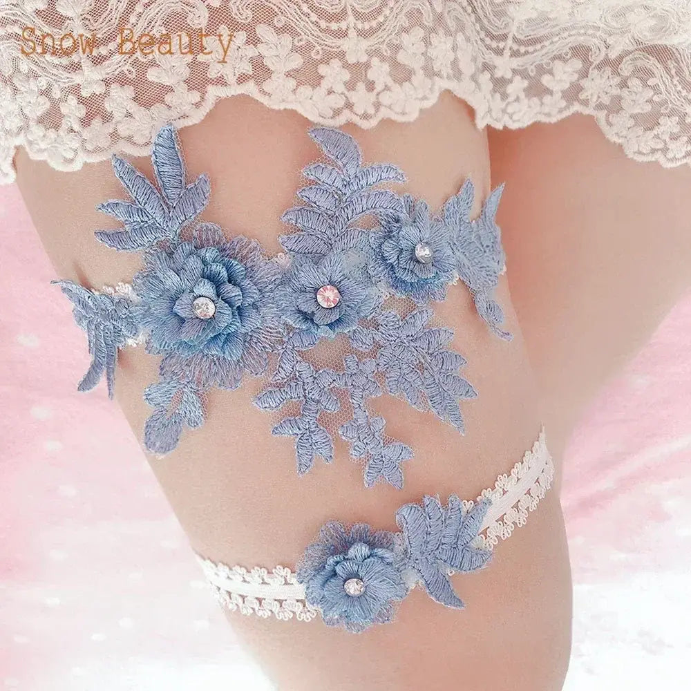 Sexy Lace Flower blue lace garter belt with floral appliques and crystal pearl details on sheer band