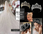 Bridal wedding dress with sparkling white fabric and two ornate silver hair tiaras with gemstone accents worn by brides.