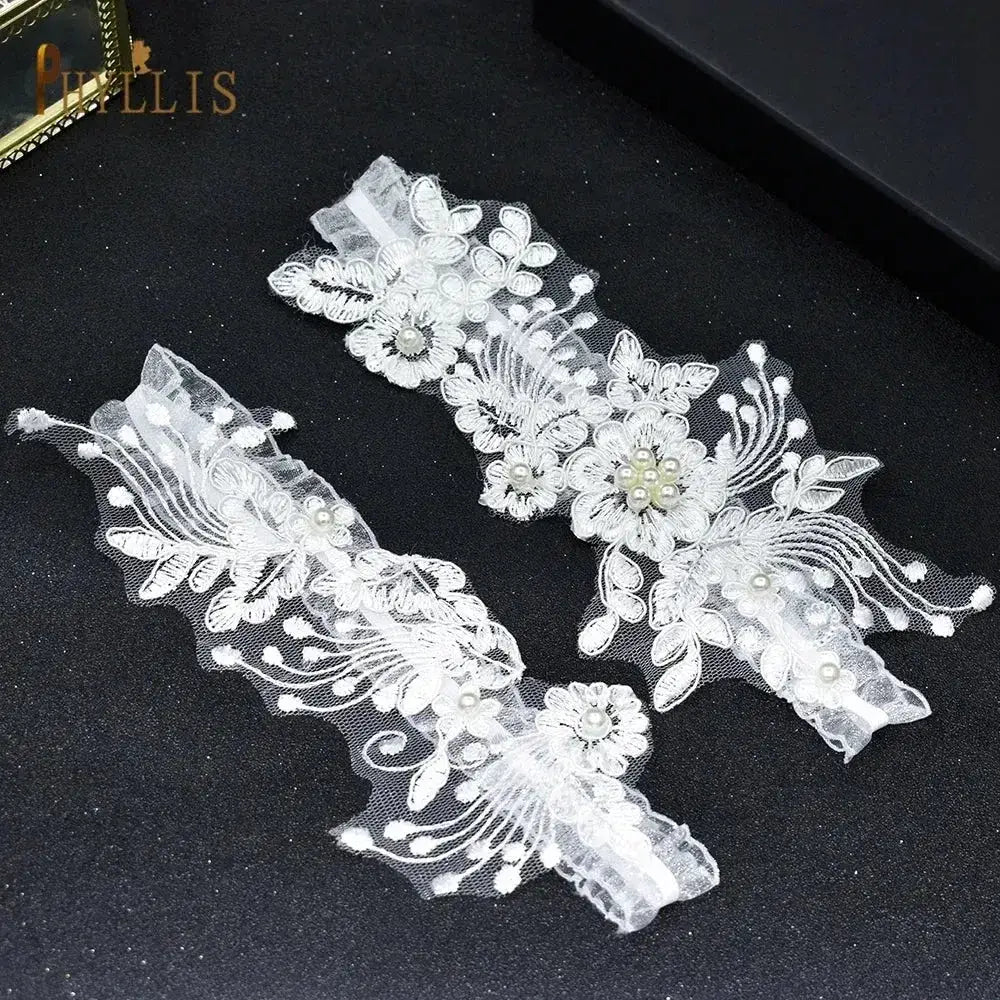 Sexy Lace Flower white lace wedding garter belts with floral appliques, crystal and pearl accents on sheer fabric