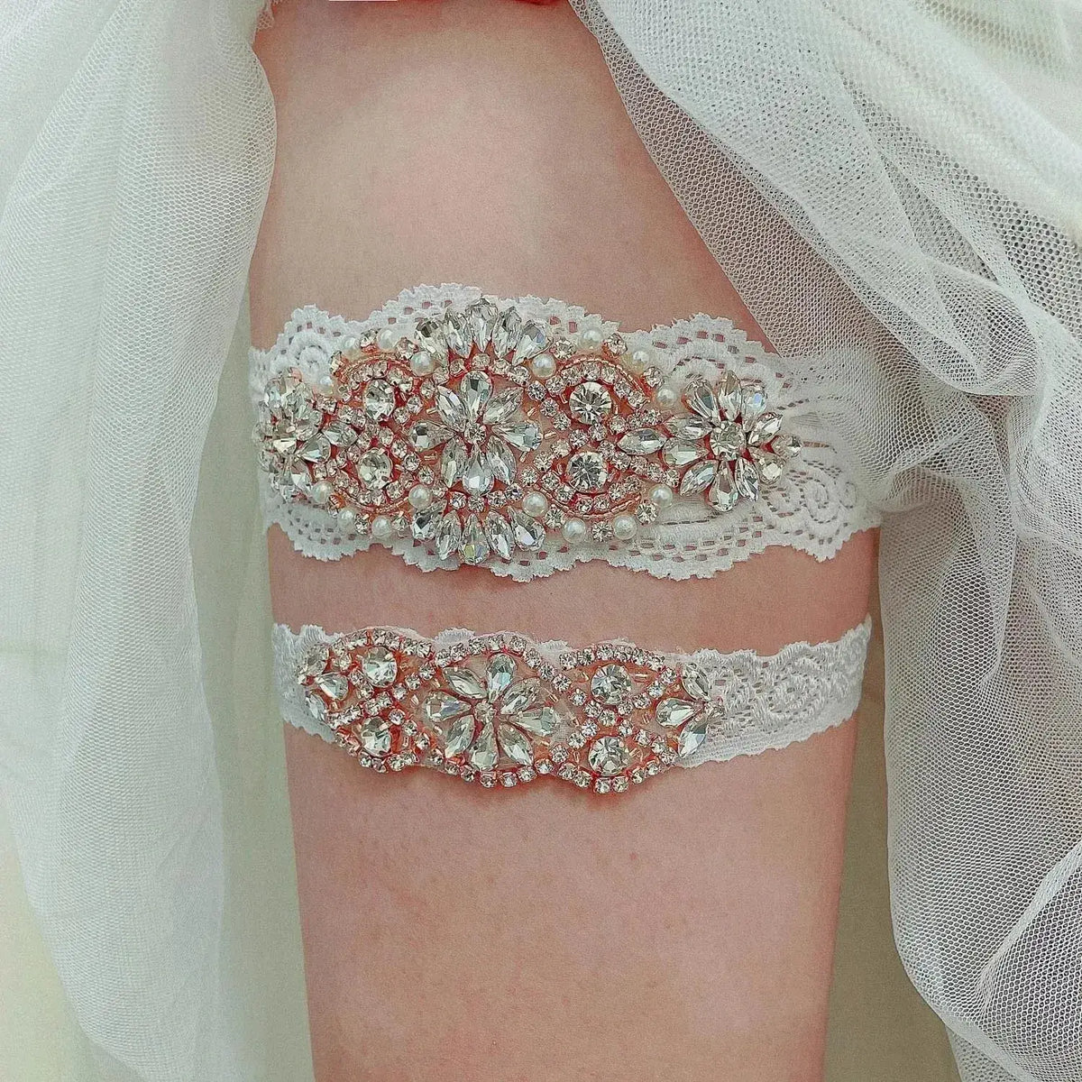 Sexy Lace Flower white lace wedding garter belts with crystal and pearl flower appliques on leg
