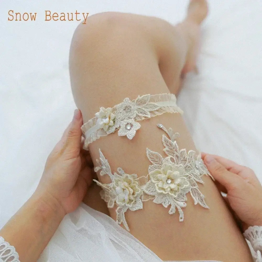 Sexy Lace Flower white lace wedding garter belt with floral appliques and pearl crystal accents on thigh