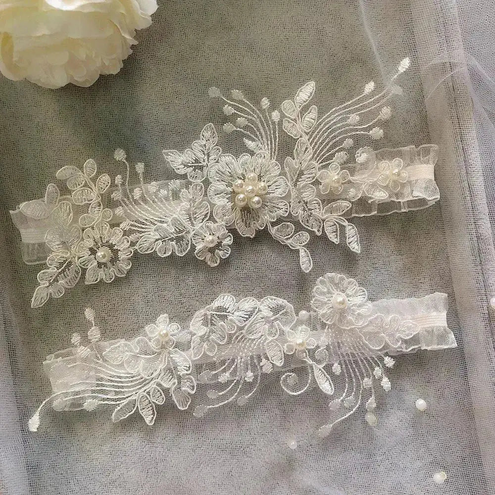 Sexy Lace Flower white lace wedding garter belts with floral embroidery and pearl crystal embellishments