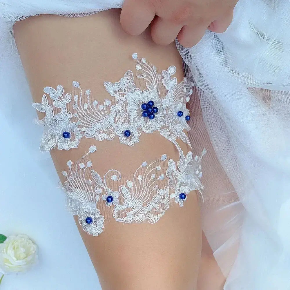 Sexy Lace Flower white lace wedding garter belt with blue bead floral appliques on thigh