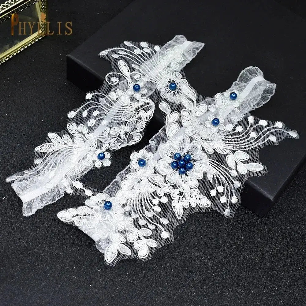 Sexy Lace Flower white lace wedding garter belts adorned with intricate floral embroidery and blue pearl crystals