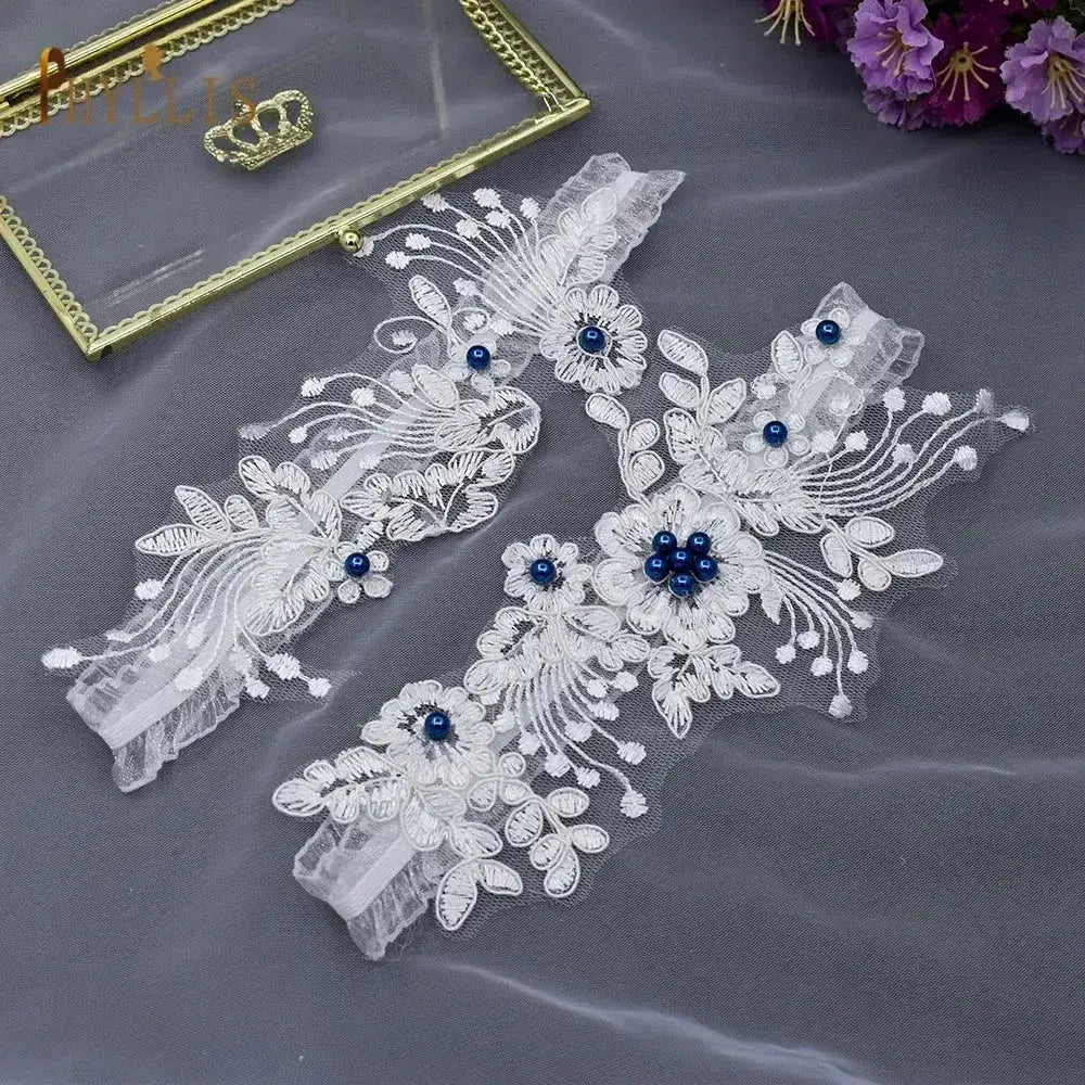 Sexy Lace Flower white polyester wedding garter belts with embroidered floral patterns and blue pearl crystals