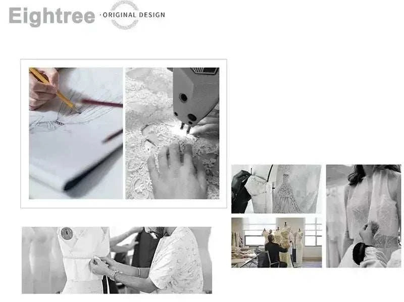 Sexy White Wedding Dresses brand Eightree showing craftsmanship with hands sketching and sewing delicate lace fabric details