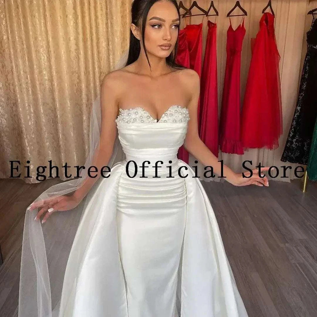 Sexy White Wedding Dresses satin mermaid gown with sweetheart neckline and lace detailing on bodice, detachable train