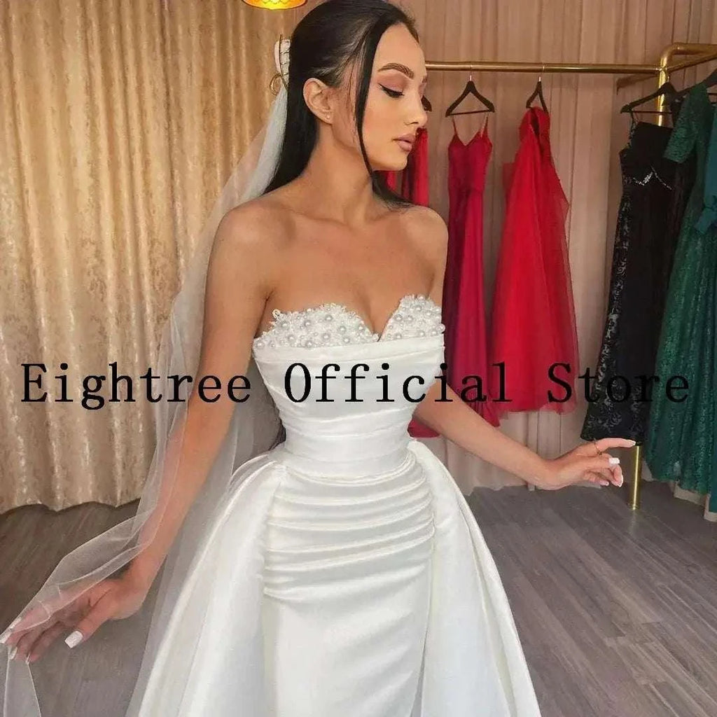 Sexy White Wedding Dresses satin mermaid gown with lace sweetheart neckline and detachable train on model