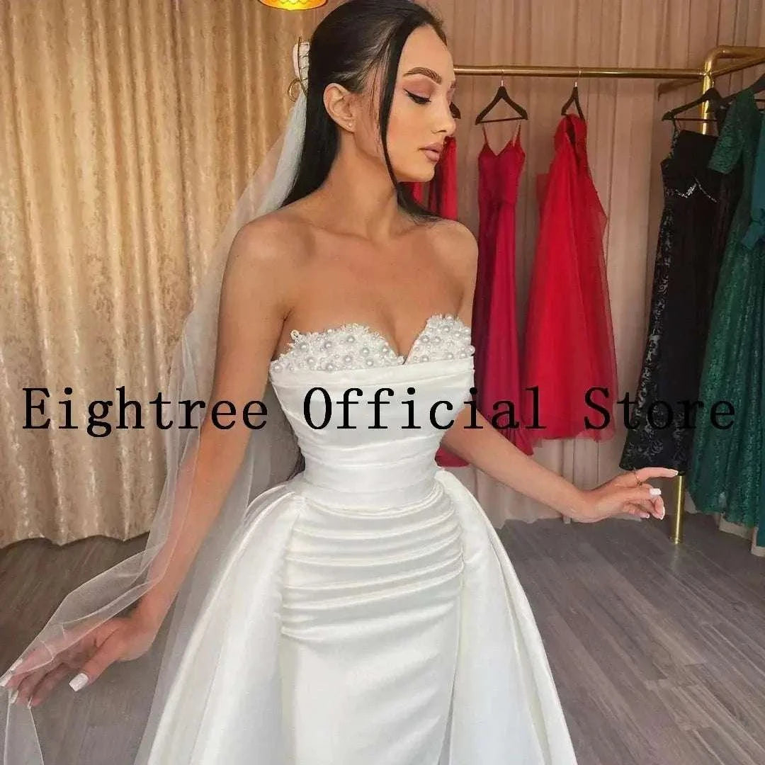Sexy White Wedding Dresses satin mermaid gown with lace sweetheart neckline and detachable train on model