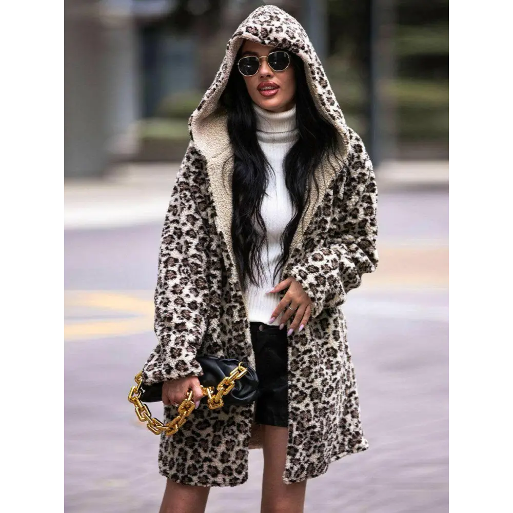 Embrace luxury fashion for women with the shiny leopard hooded coat $86 basic style that seamlessly blends