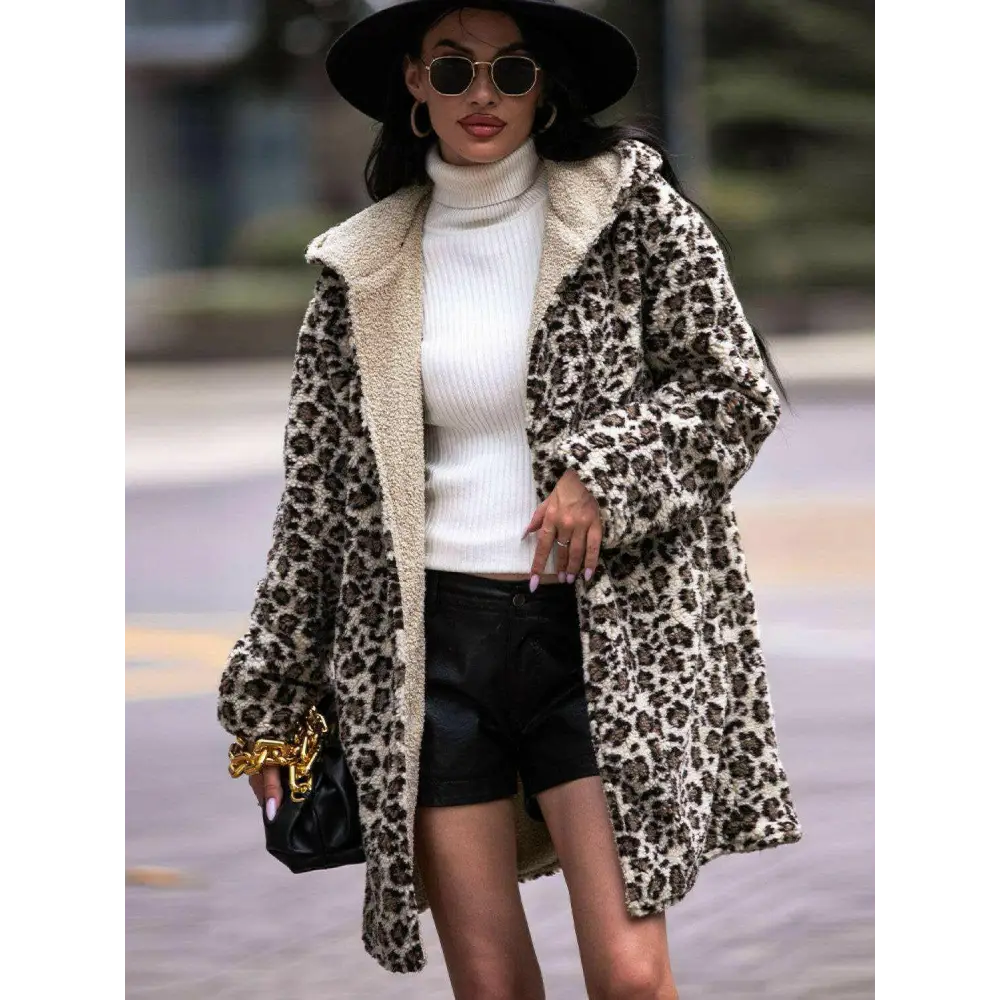 Embrace luxury fashion for women with the shiny leopard hooded coat $86 basic style that seamlessly blends