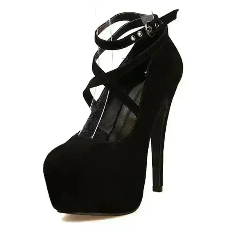 Shoes Woman Pumps black flannel platform with super high thin heels and cross-tied ankle strap buckle closure