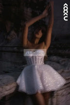 Short Wedding Dress sleeveless white shiny glitter fabric with A-line silhouette and sweetheart neckline