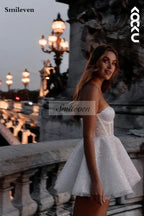 Short Wedding Dress sparkling white glitter A-line style with sweetheart neckline sleeveless mini bride gown