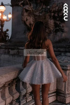 Short Wedding Dress white shiny glitter tulle fabric sleeveless A-line silhouette with sweetheart neckline and backless design