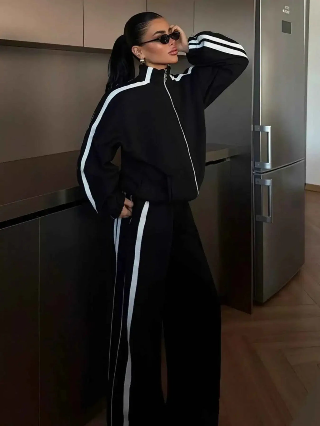 Black Side Stripes Zip Up Top and matching pants set with white stripes on sleeves and pant legs, zipper front, casual fit