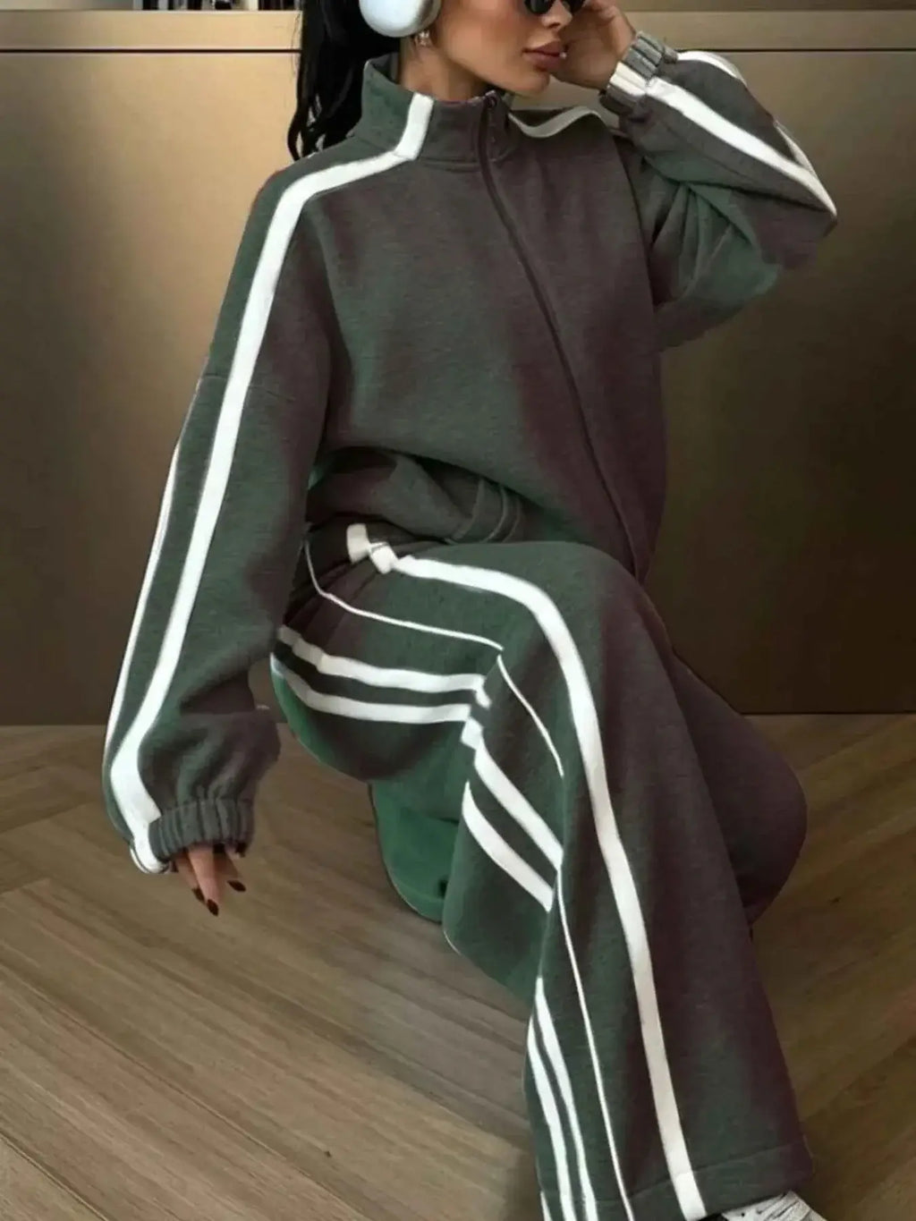 Side Stripes Zip Up Top and pants set in dark olive green with white side stripes and zipper detailing
