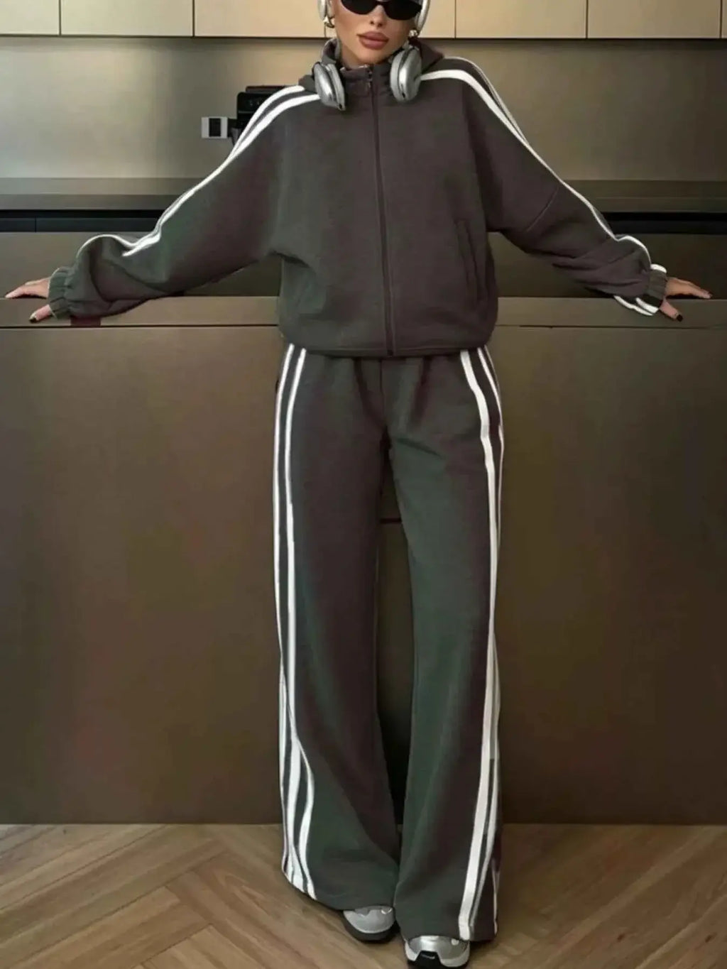 Grey cotton blend Side Stripes Zip Up Top with white contrast side stripes and matching wide-leg pants in a two-piece set