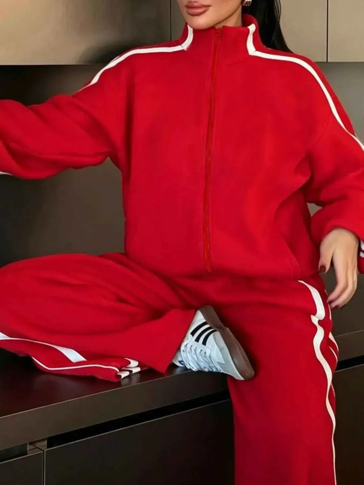 Red cotton blend Side Stripes Zip Up Top with white side stripes and matching pants featuring contrast stitching and a zipper