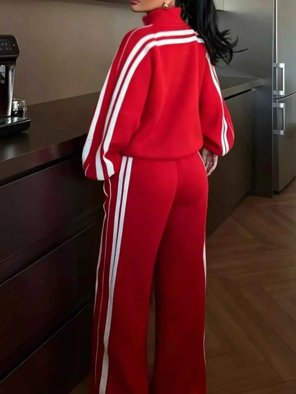 Side Stripes Zip Up Top and matching pants set in red with white side stripes and contrast stitching on a cotton blend fabric