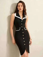 Sleeveless Button-Front Dress in black with white collar trim, sleeveless fitted design, front gold buttons, and decorative front pockets.