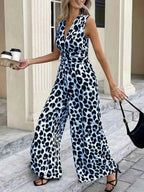 Sleeveless V-Neck Leopard Print Wide Leg Jumpsuit