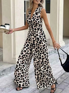 Sleeveless V-Neck Leopard Print Wide Leg Jumpsuit
