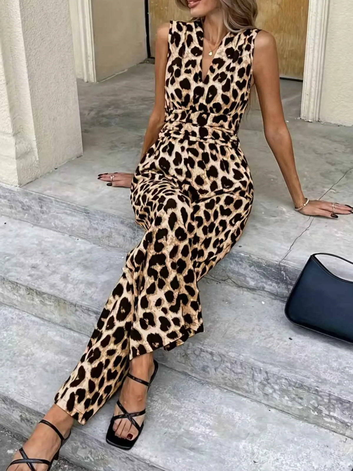 Sleeveless V-Neck Leopard Print Wide Leg Jumpsuit