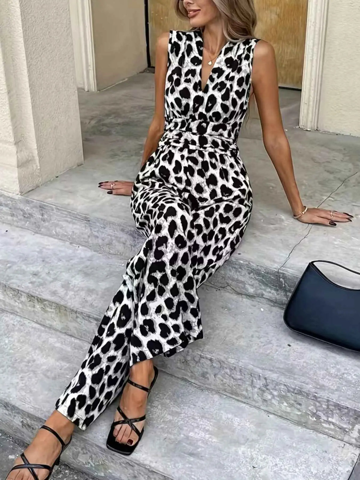 Sleeveless V-Neck Leopard Print Wide Leg Jumpsuit